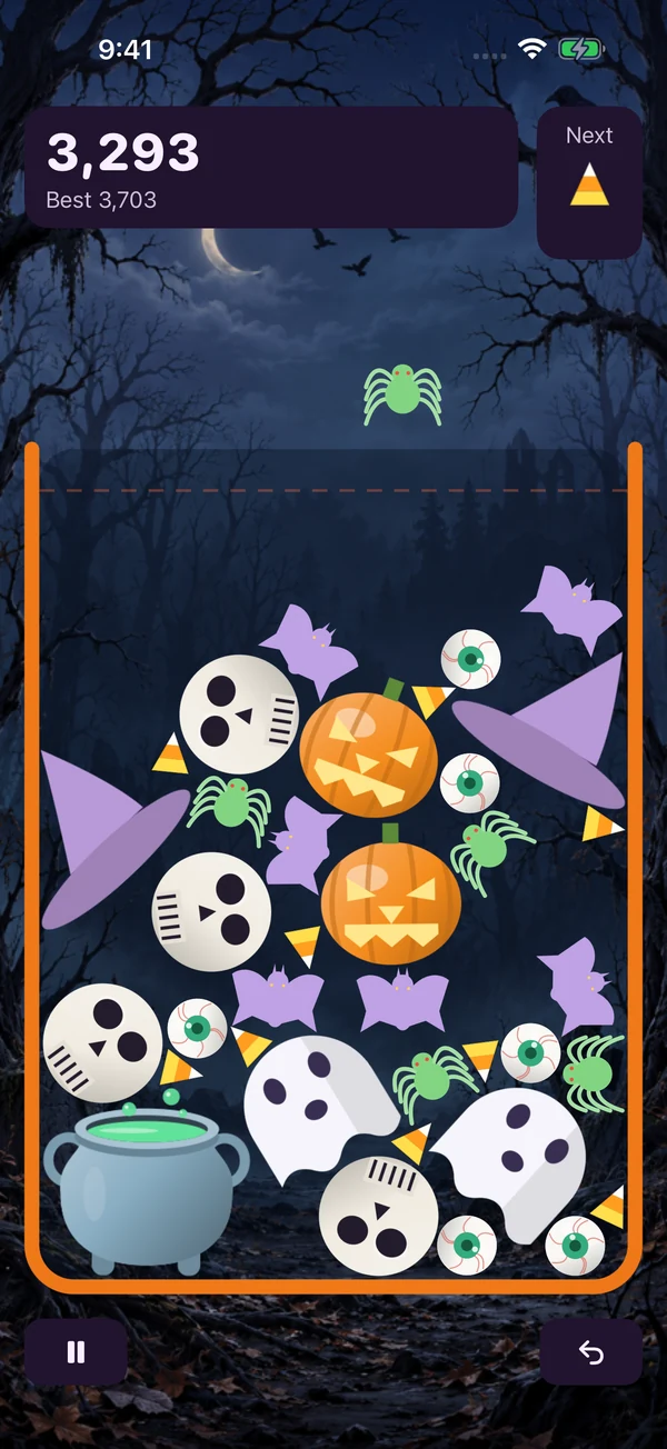Skulls, bats, and pumpkins fill a jar in Halloween Drop’s moonlit forest.