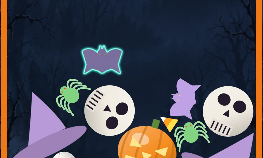 A ghostly bat glows cyan above the pile.