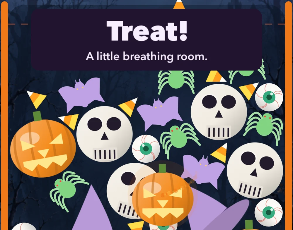 A Treat message appears as a pumpkin visits the crowded board.