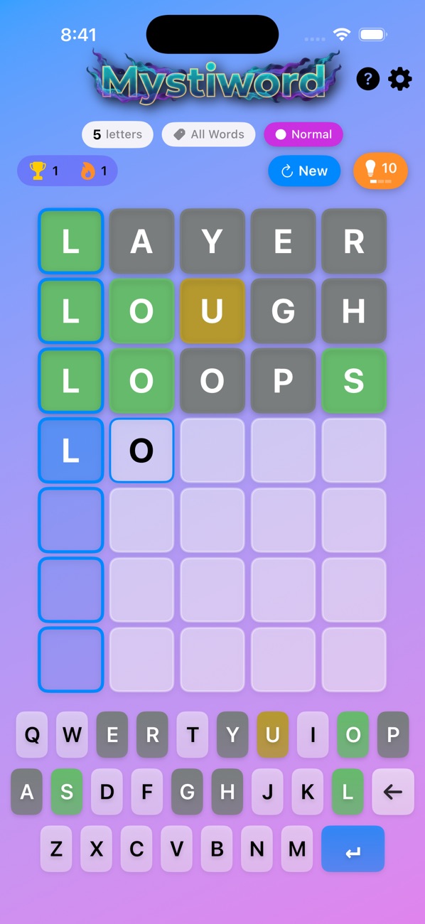 Five letters, with feedback after each guess.