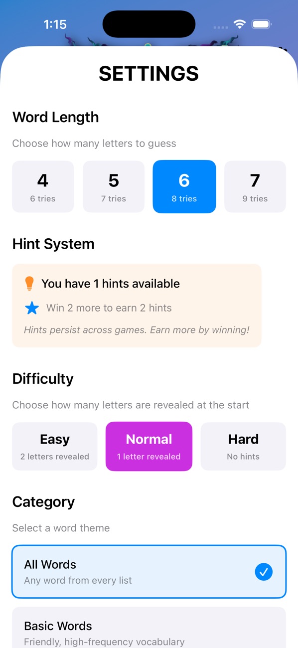 Choose word length, difficulty, and category in Settings.